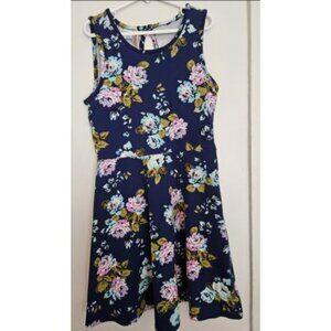 ROUTE 66 Blue Floral Print Textured Sleeveless Twirl Dress Girls Size 10-12